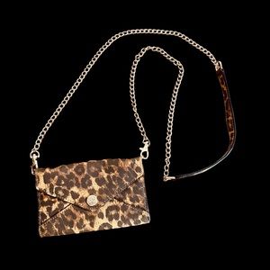 Rebecca Minkoff Leather Crossbody Wallet Mini Bag Leopard Print Gold Chains
